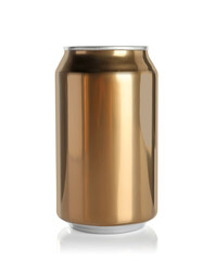 Golden aluminum can with drink isolated on white