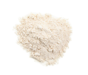 Pile of quinoa flour isolated on white, top view