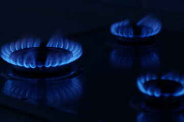Gas burner with burning blue flames in darkness