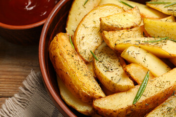 Delicious baked potatoes with spices on wooden table, closeup