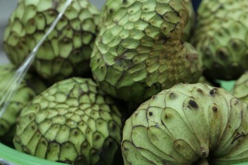 Fototapeta premium Delicious green cherimoya fruits on market stall, closeup