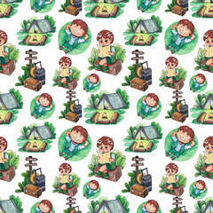 Travel and camping samless pattern. Isolated on white background. hand draw and painting with watercolour.
