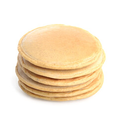 Many tasty oatmeal pancakes on white background