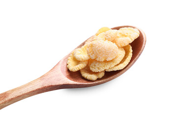 Wooden spoon of tasty crispy corn flakes on white background