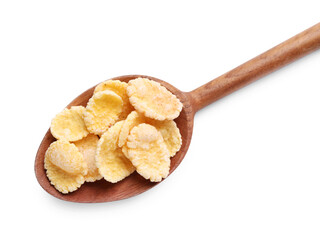 Wooden spoon of tasty crispy corn flakes on white background, top view