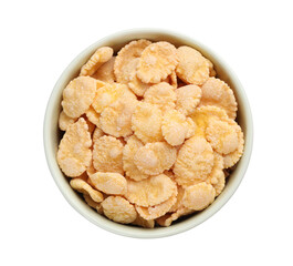 Bowl of tasty corn flakes isolated on white, top view