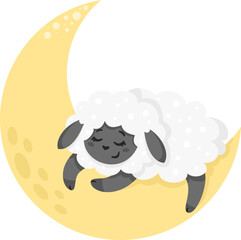 Vector children's illustration. Cute black sheep sleeping on the moon. Illustration for children's print 