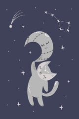 Magic vector illustration. Cute cat hanging on the moon. The constellation of the big bear. Cute sleeping moon. 