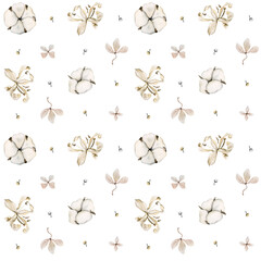 Seamless pattern Cotton and dried flowers in light colors on white background, best for bed linen textiles, baby girl dresses and fabrics