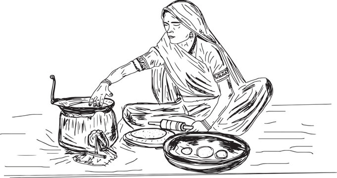 indian village woman making food in ancient Or old kitchen, Poor Indian aged woman making food in a mud cooking stove , Indian village kitchen vector illustration, sketch drawing, indian food clip art