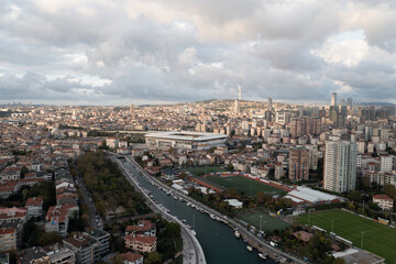 Istanbul, Turkey - October 21, 2022: Aerial Drone View Kadikoy Moda with Fenerbahce Stadium Sukru Saracoglu in Istanbul