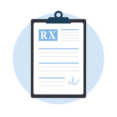 Medical prescription pad. Recipe for pills on clipboard. Healthcare document icon. Pharmacy control. Vector illustration in flat cartoon style. © KeronnArt