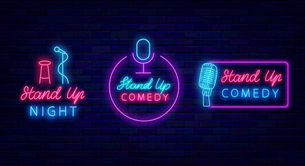 Stand up comedy neon signboards pack. Comic show labels collection. Light signs set. Vector stock illustration