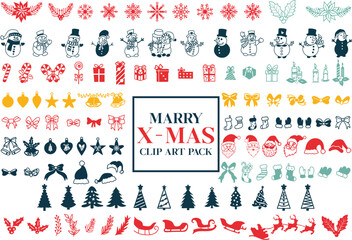 Vector set of cute Christmas elements: Santa, Snow, Hat, Gifts, Stars, Clip arts