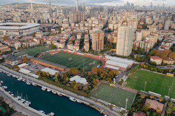 Istanbul, Turkey - October 21, 2022: Aerial Drone View Kadikoy Moda with Fenerbahce Stadium Sukru Saracoglu in Istanbul