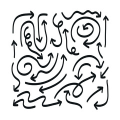 Set of curved arrows hand drawn. Sketch doodle style. Pointers vector collection.