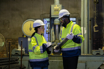 Engineers in a steel mill with a welder to grind steel to assemble Consult the size of the steel workpiece. Bring the workpiece to assemble the locomotive.
