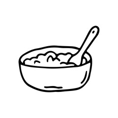 A bowl of cereal. Tasty breakfast. Healthy food. Doodle. Vector illustration. Drawn by hand. Outline.