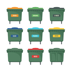 Set of trash container icons in flat style isolated on white background.