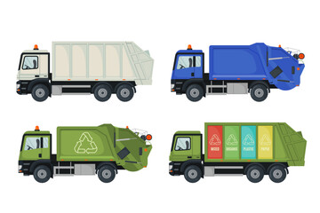 Set of garbage truck icons in flat style isolated on white background.
