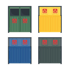 Set of trash container icons with recycle symbol in flat style isolated on white background.