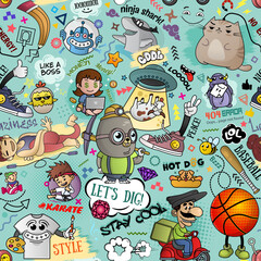 Vector graffiti seamless texture with bizarre elements and characters and other shiny creative elements. Print fabric vector pattern with pop art patches for print, party, children's room.