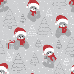 Cute Christmas pattern with teddy bears in Santa hats, Christmas trees and gifts. Seamless vector pattern. It is well suited for wrapping paper.
