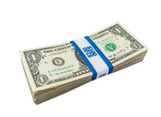 Pack of one dollar bills with $100 paper currency strap isolated