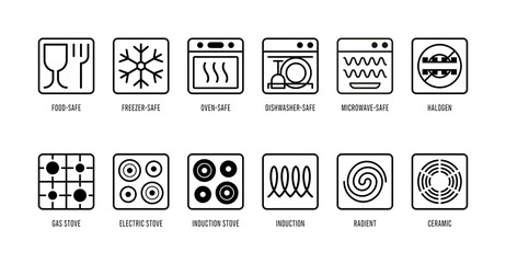 Cookware vector icons set. Food safe, freezer, oven, microwave, dishwasher, halogen, gas, electric, induction, radiant, ceramic logo symbols. 