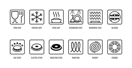 Cookware vector icons set. Food safe, freezer, oven, microwave, dishwasher, halogen, gas, electric, induction, radiant, ceramic logo symbols.  - obrazy, fototapety, plakaty