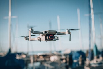 Closeup of a drone flying at Lake Constance, East Switzerland