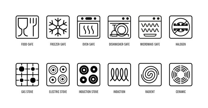 Cookware vector icons set. Food safe, freezer, oven, microwave, dishwasher, halogen, gas, electric, induction, radiant, ceramic logo symbols. 