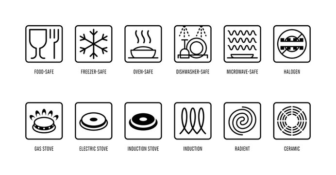 Cookware vector icons set. Food safe, freezer, oven, microwave, dishwasher, halogen, gas, electric, induction, radiant, ceramic logo symbols. 