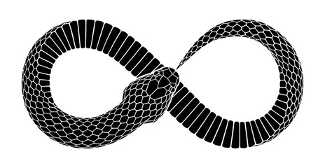 Vector tattoo design of snake bites its tail as infinity sign. Isolated silhouette of ouroboros symbol.