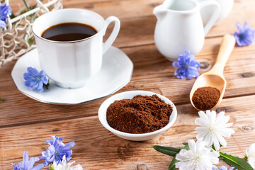Chicory drink. Chicory flowers. Chicory powder. Healthy drink. Keto drinks.