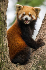 A cute red panda on trees looking at lens