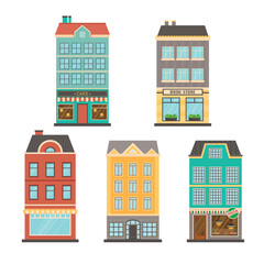 Bright colored houses in cartoon style. Old city. Scandinavian style. Vintage concept. . Isolated design elements