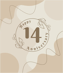 14 year anniversary, minimalist logo. brown vector illustration on Minimalist foliage template design, leaves line art ink drawing with abstract vintage background.