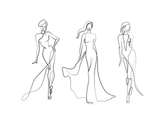 Fototapeta na wymiar Beautiful fashion woman abstract silhouette, continuous line drawing, girl in long dress, single line on a white background, isolated vector illustration. Tattoo, print and logo design, beauty salon.