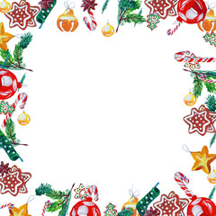 Watercolor Christmas frame. Hand painted holiday border withnobjects