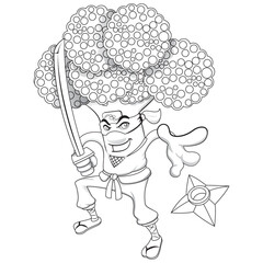 Vegetable warrior Broccoli Ninja black and white coloring. Ideal for educational and nutritional materials