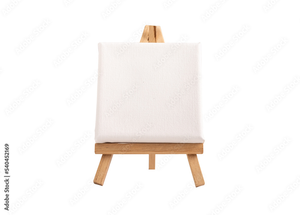 Poster white blank square canvas mockup on wood easel tripod isolated on white background