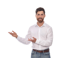Handsome man gesturing on white background. Weather forecast reporter