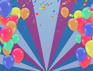Grand opening card design with balloons  ..... and ..... ribbon with confetti,  Multicolored Anniversary Illustration
