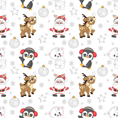 Seamless pattern with white Christmas bear penguin santa claus and reindeer, vector illustration