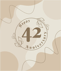 42 year anniversary, minimalist logo. brown vector illustration on Minimalist foliage template design, leaves line art ink drawing with abstract vintage background.