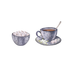 Watercolor illustration tea of cup and sugar bowl. Hand painted card isolated on white background. Tea of cup and sugar bowl illustration for package design, cooking appliances.