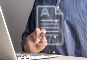 Filling online application form. Man applying CV for joj, digital document for security, for loan