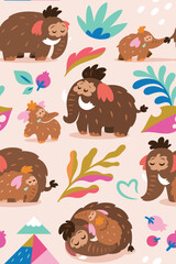 Lovely seamless pattern with baby mammoth following her mom among mountains, leaves and berries