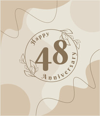 48 year anniversary, minimalist logo. brown vector illustration on Minimalist foliage template design, leaves line art ink drawing with abstract vintage background.